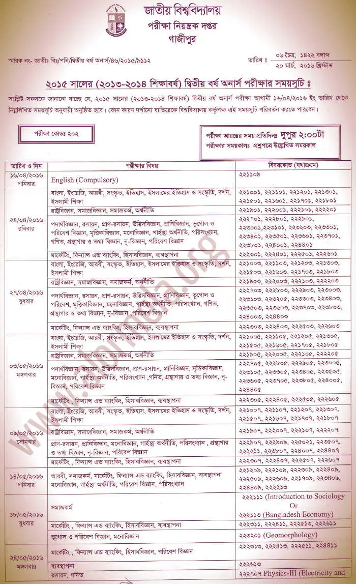 National University Honours 2nd Year Exam Routine