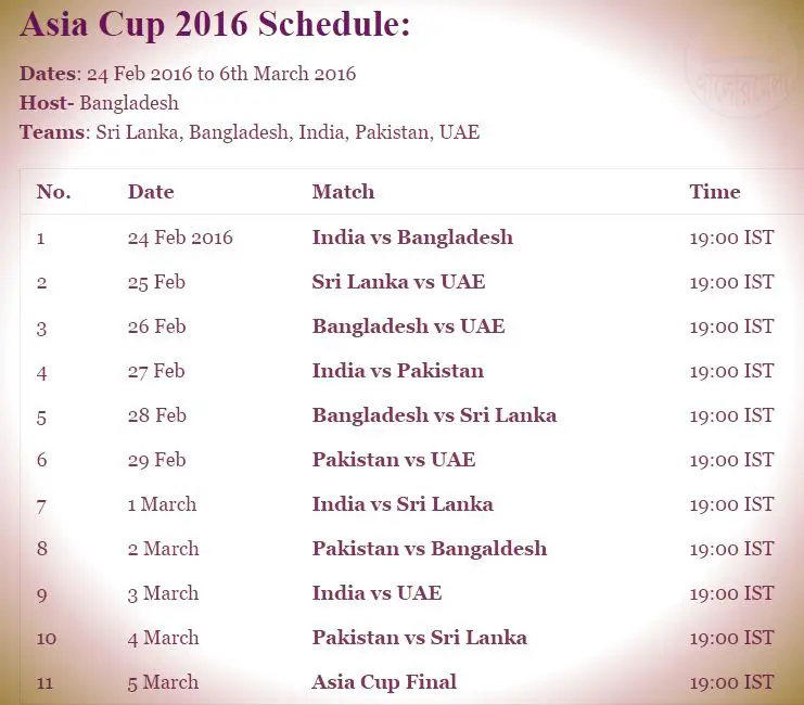 asia cup cricket fixture 2016
