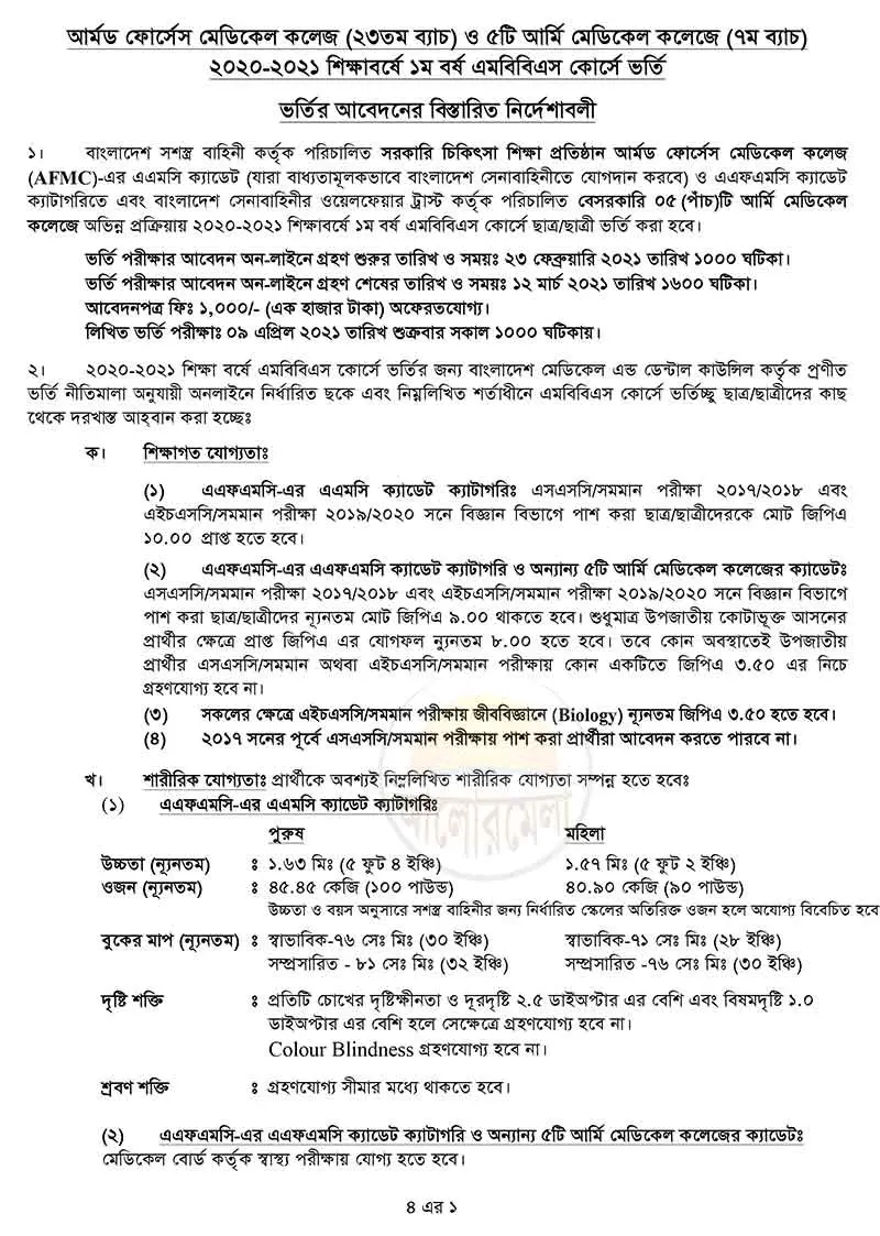 আর্মড ফোর্সেস মেডিকেল কলেজ ভর্তি বিজ্ঞপ্তি ২০২০-২০২১