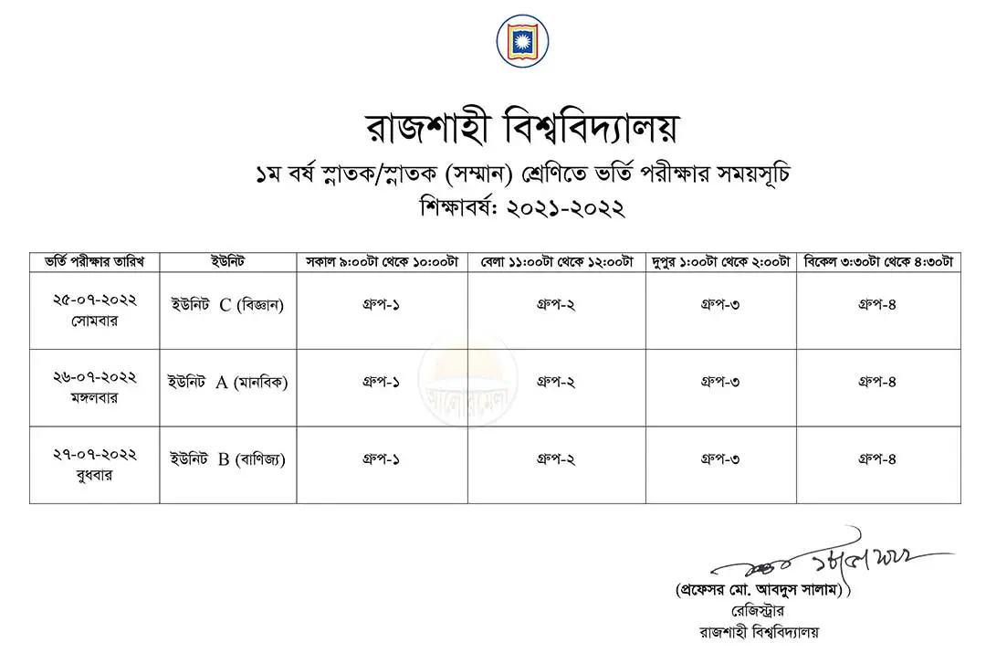 Rajshahi University Admission Test Routine 2022
