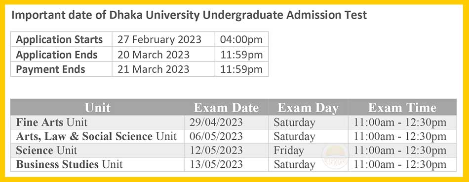 dhaka university admission test routine 2023