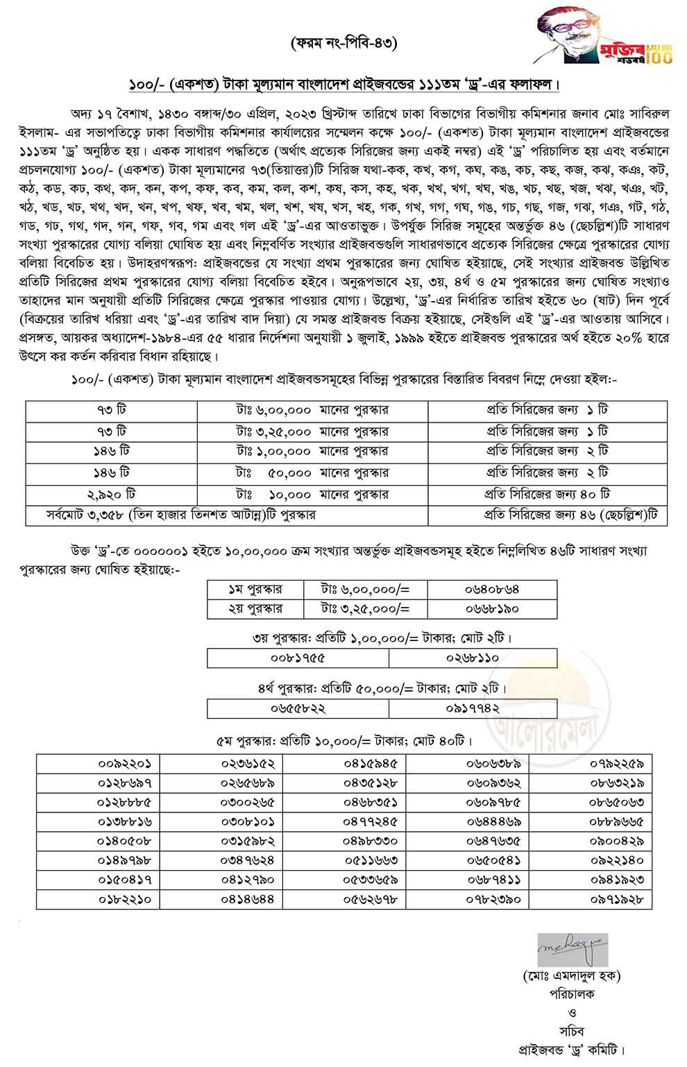 bangladesh bank 111th prizebond draw result 2023