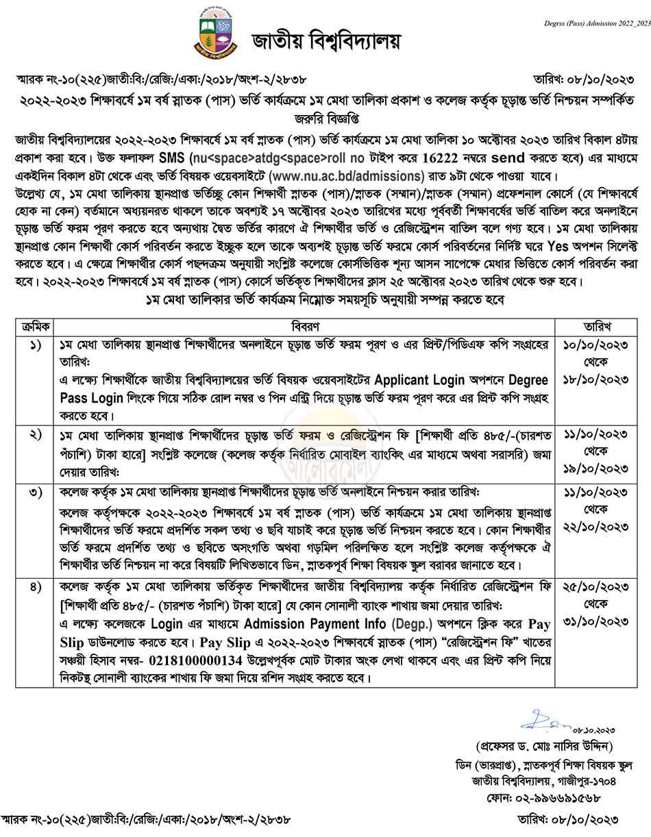 nu degree admission result first merit list 2023