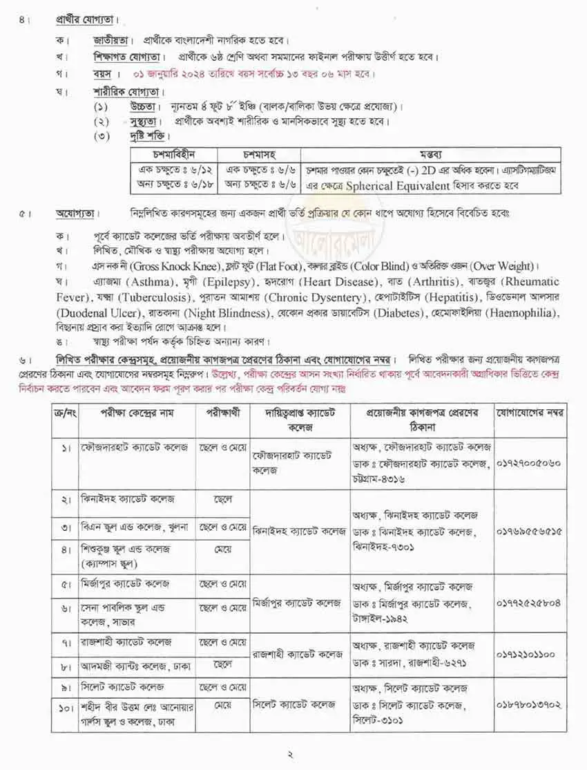 cadet college class 7 admission circular 2024 2