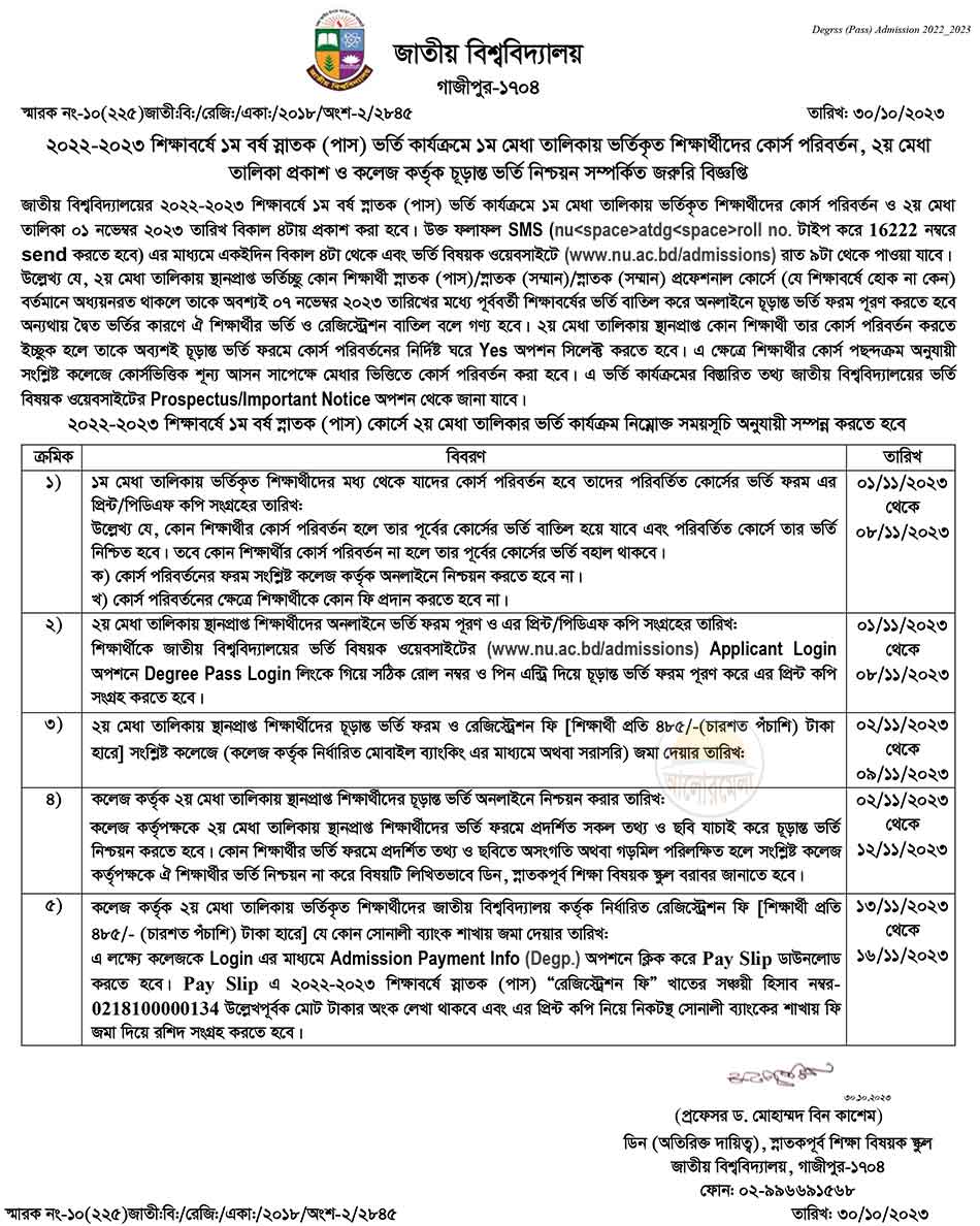 nu degree pass course admission 2nd merit list