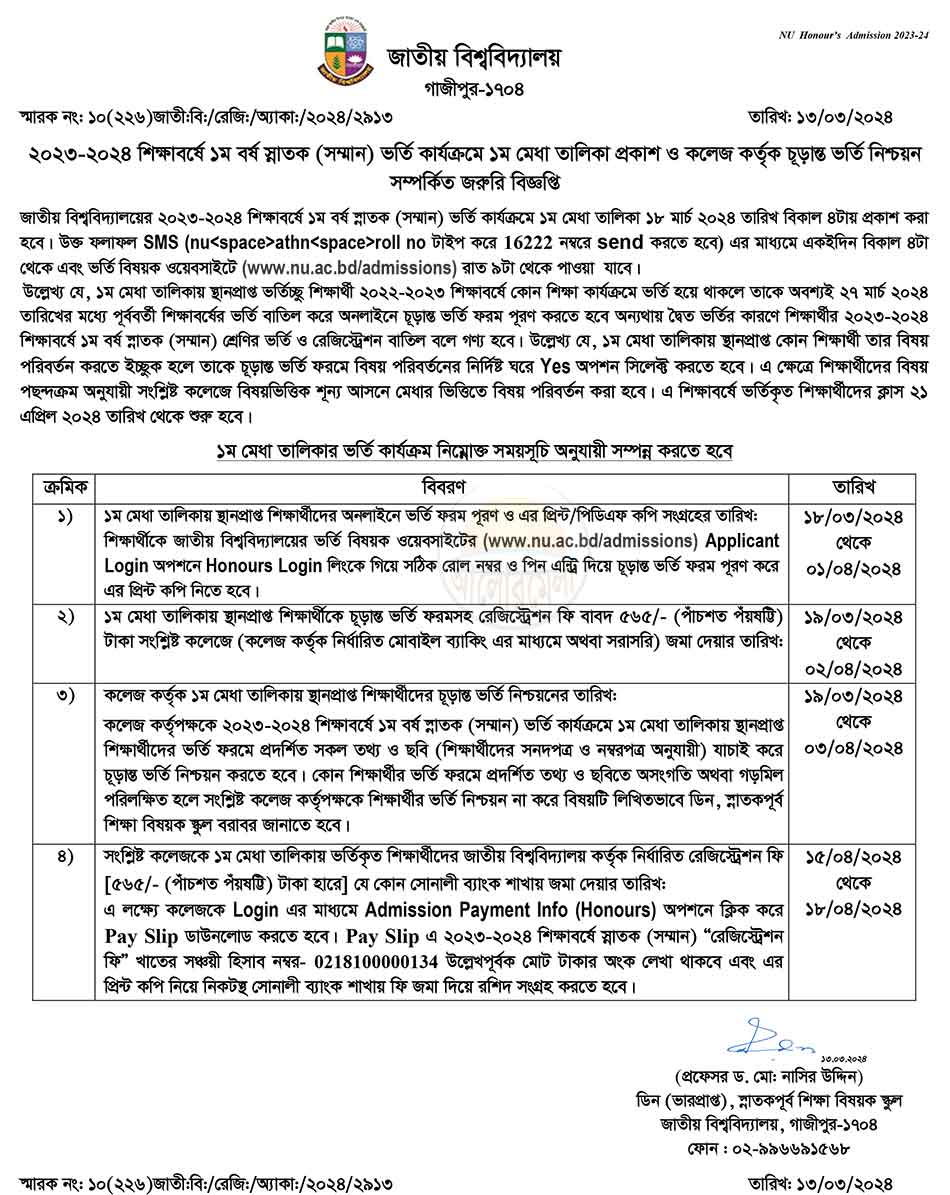 nu honours admission result 2024 first merit list