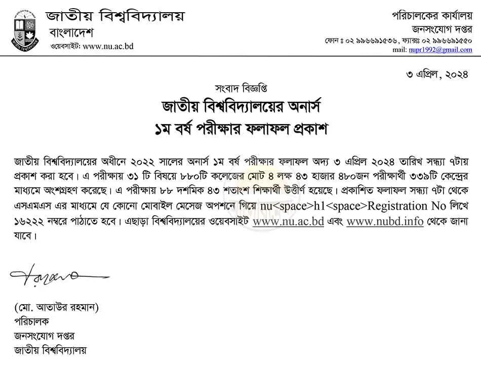 honours 1st year exam result 2024