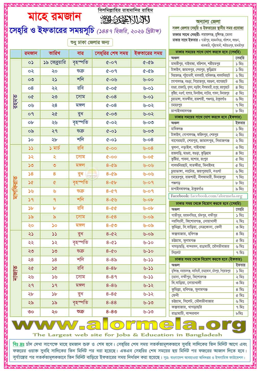 ramadan calendar sehri iftar timetable year 2026 hijri 1447 islamic year