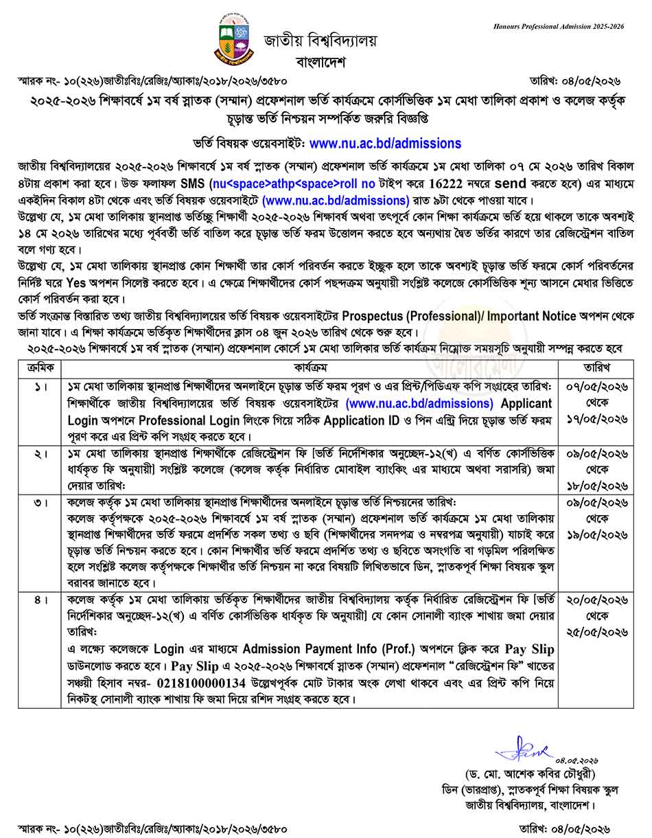 nu professional courses admission result 2026